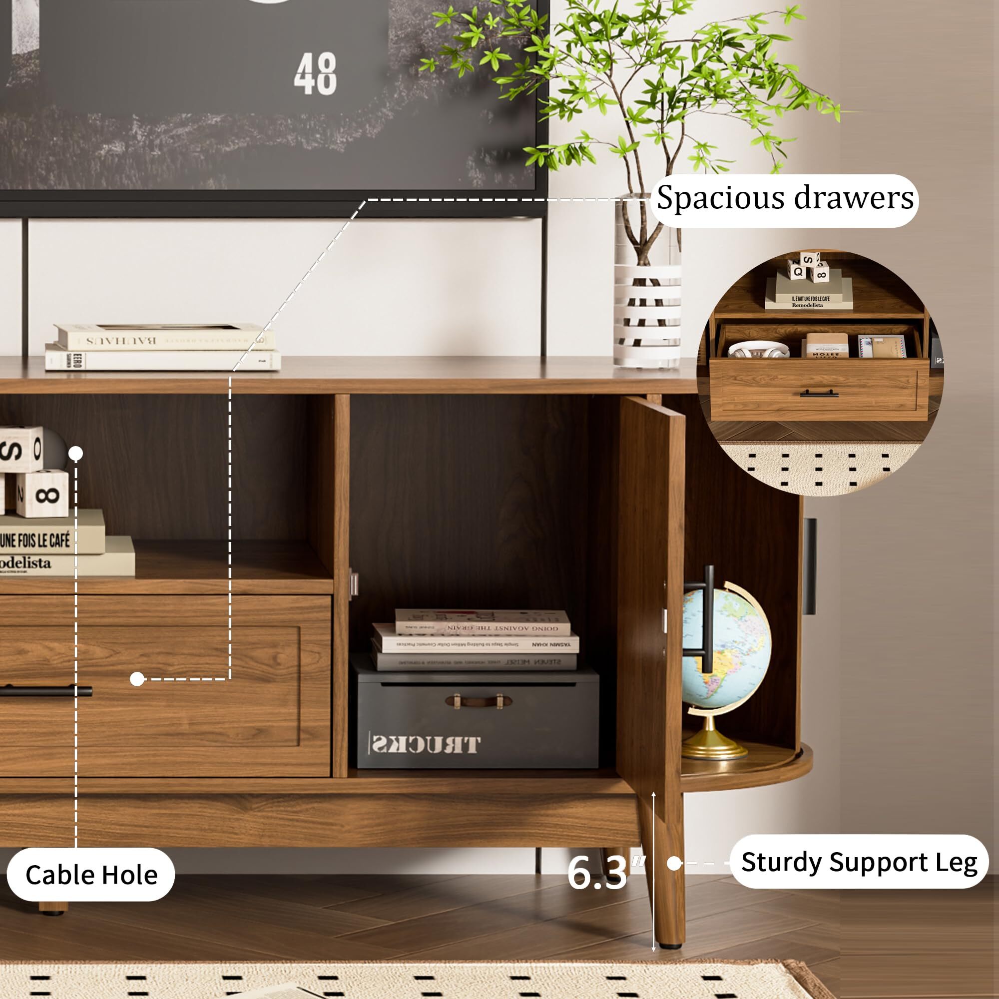 63" Fluted TV Stand for 70" TVs, Mid-Century Entertainment Center with Drawers & Sliding Doors, Curved Media Console