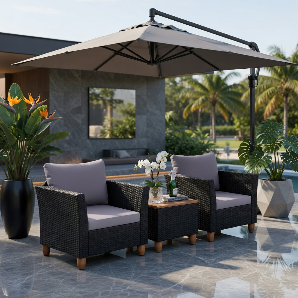 Hommoo 3-Piece Outdoor Wicker Patio Furniture Set with Gray Cushions & Solid Acacia Wood Coffee Table, Gray