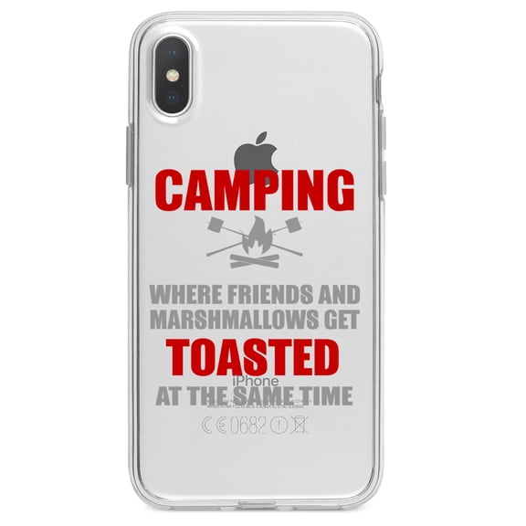 DistinctInk Clear Shockproof Hybrid Case for iPhone XS Max (6.5" Screen) - TPU Bumper Acrylic Back Tempered Glass Screen Protector - Camping - Friends & Marshmallows Get Toasted