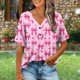 thumbnail image 1 of TaTaai Women V Neck Short Sleeve All Over Print Casual T Shirt Fashion Loose Button Top Ladies Daily Lounge Work Wear Soft Breathable No Fading Versatile Stylish Top Gift, 1 of 6