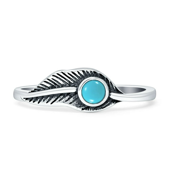 Feather Vintage Style Turquoise Oxidized Ring 925 Sterling Silver Size 4