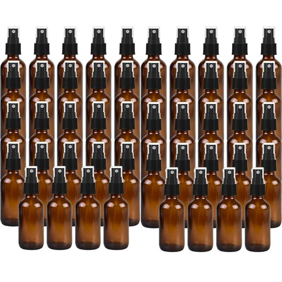 Global Amber 2oz Black Mist Sprayer Bottle (60ml) Pack of 48 - Glass Tincture Bottles with Black Mist Sprayers for Essential Oils & More Liquids - Leakproof Travel Bottles
