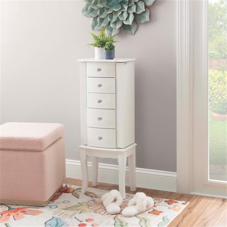 Powell Jasmine White Jewelry Armoire with Crystal Drawer Pulls and