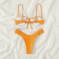 thumbnail image 3 of Women Bathing Suit Two Piece Spaghetti Strap High Cut Pure Color Pleated Wireless Padded Bikini Swimsuit Apricot L, 3 of 6