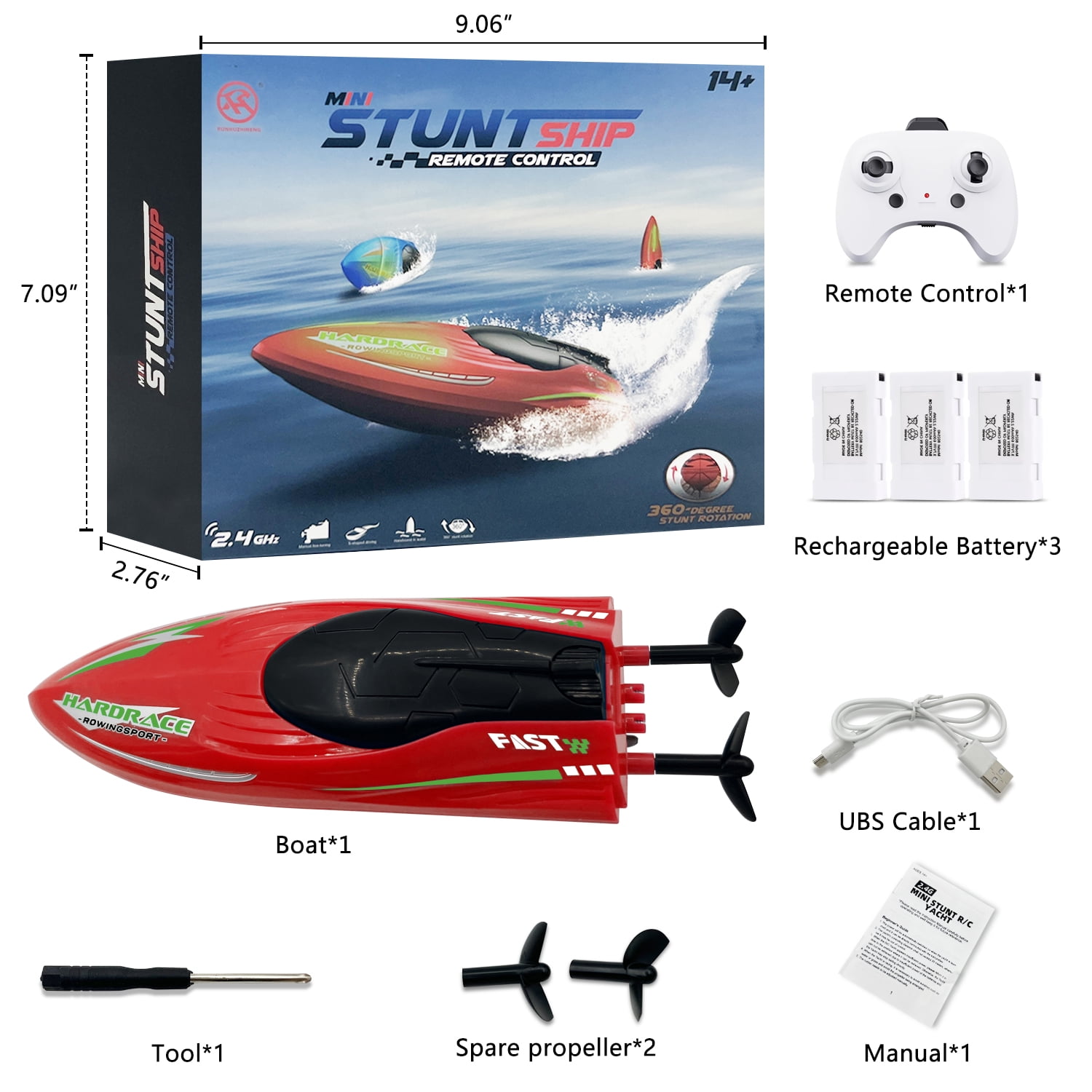 Syenll RC Boat with LED Light, Remote Control Boat for Pools, 3 Rechargeable Battery, Water Pool Toys for Boys Girls, Red