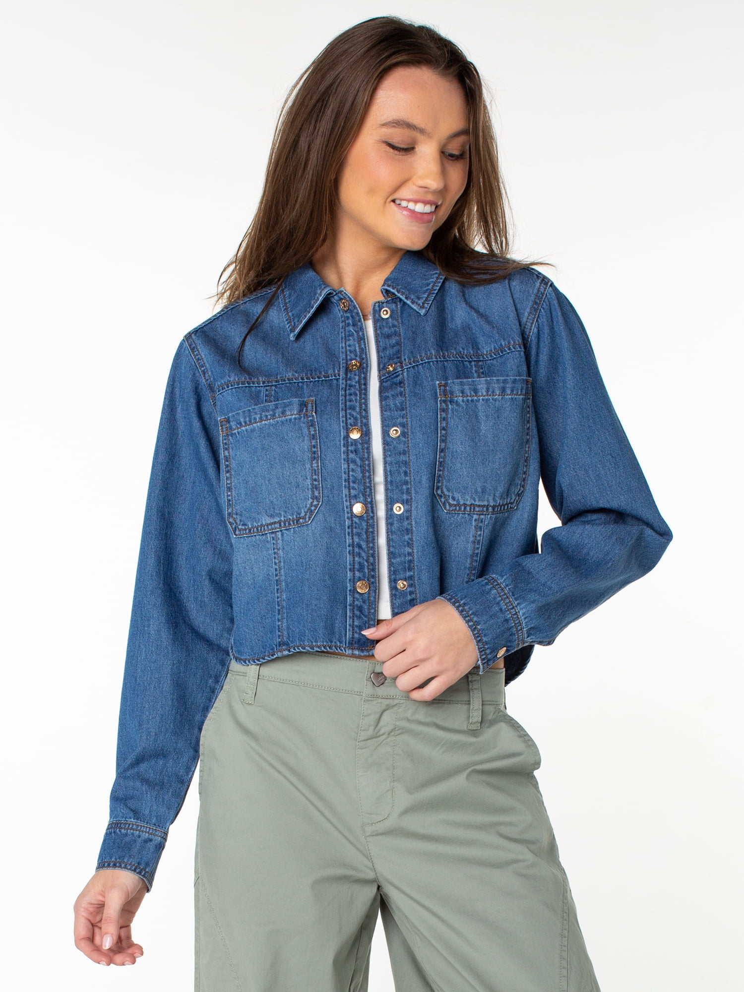 Celebrity Pink Women's and Women's Plus Hi Low Button Down Denim Top, Sizes XS-4X