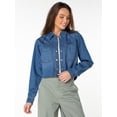 thumbnail image 4 of Celebrity Pink Women's and Women's Plus Hi Low Button Down Denim Top, Sizes XS-4X, 4 of 8