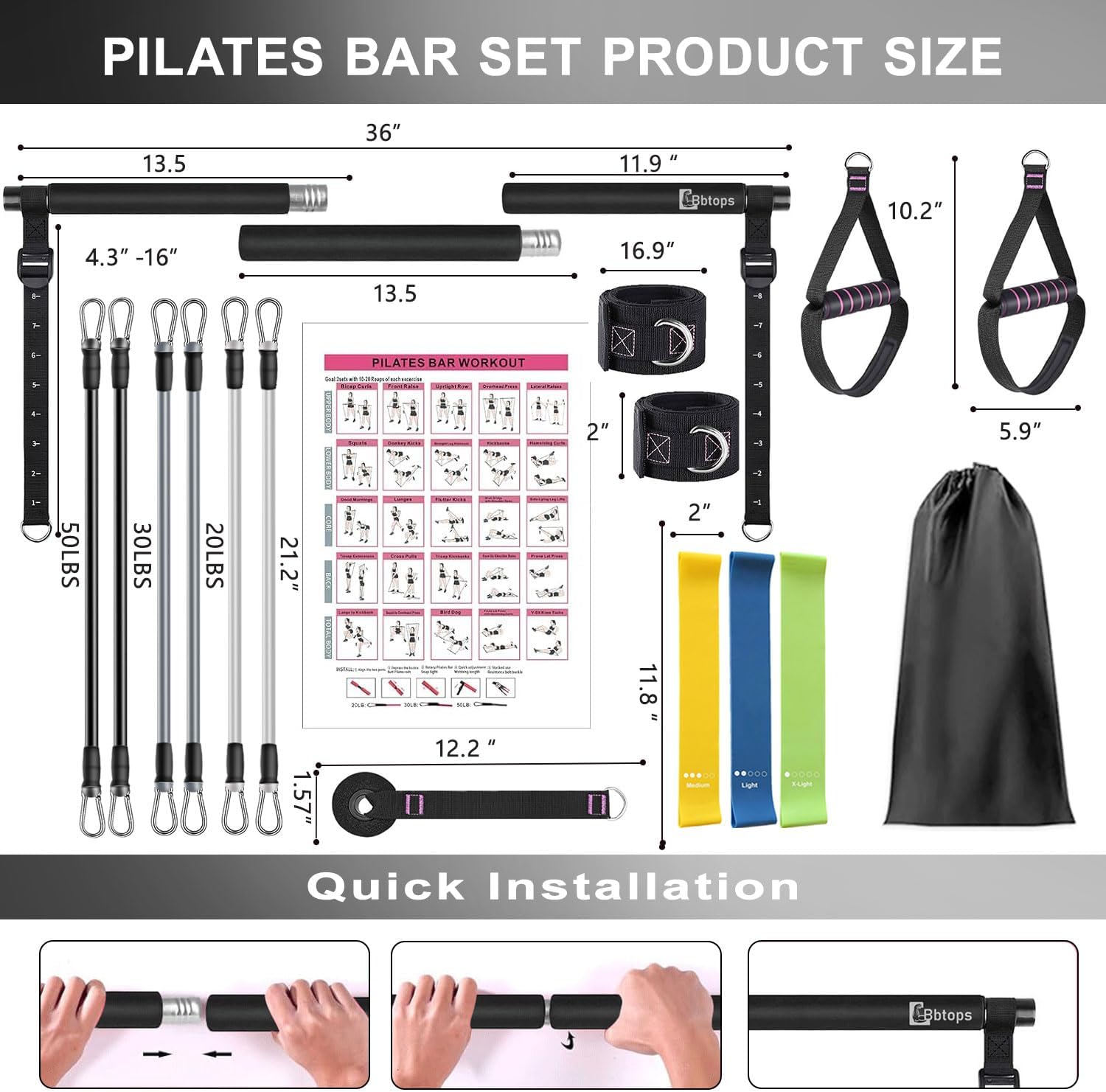 Pilates Bar Kit with Resistance Bands,Pilates Bar with Stackable Bands Workout Equipment for Legs,Hip,Waist and Arm,Exercise Fitness Equipment for Women & Men Home Gym Yoga Pilates