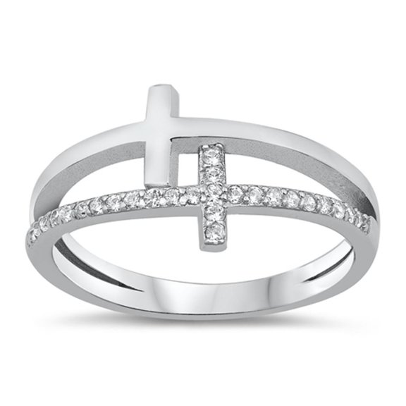 White CZ Double Cross Christian Love Ring .925 Sterling Silver Band Jewelry Female Size 8