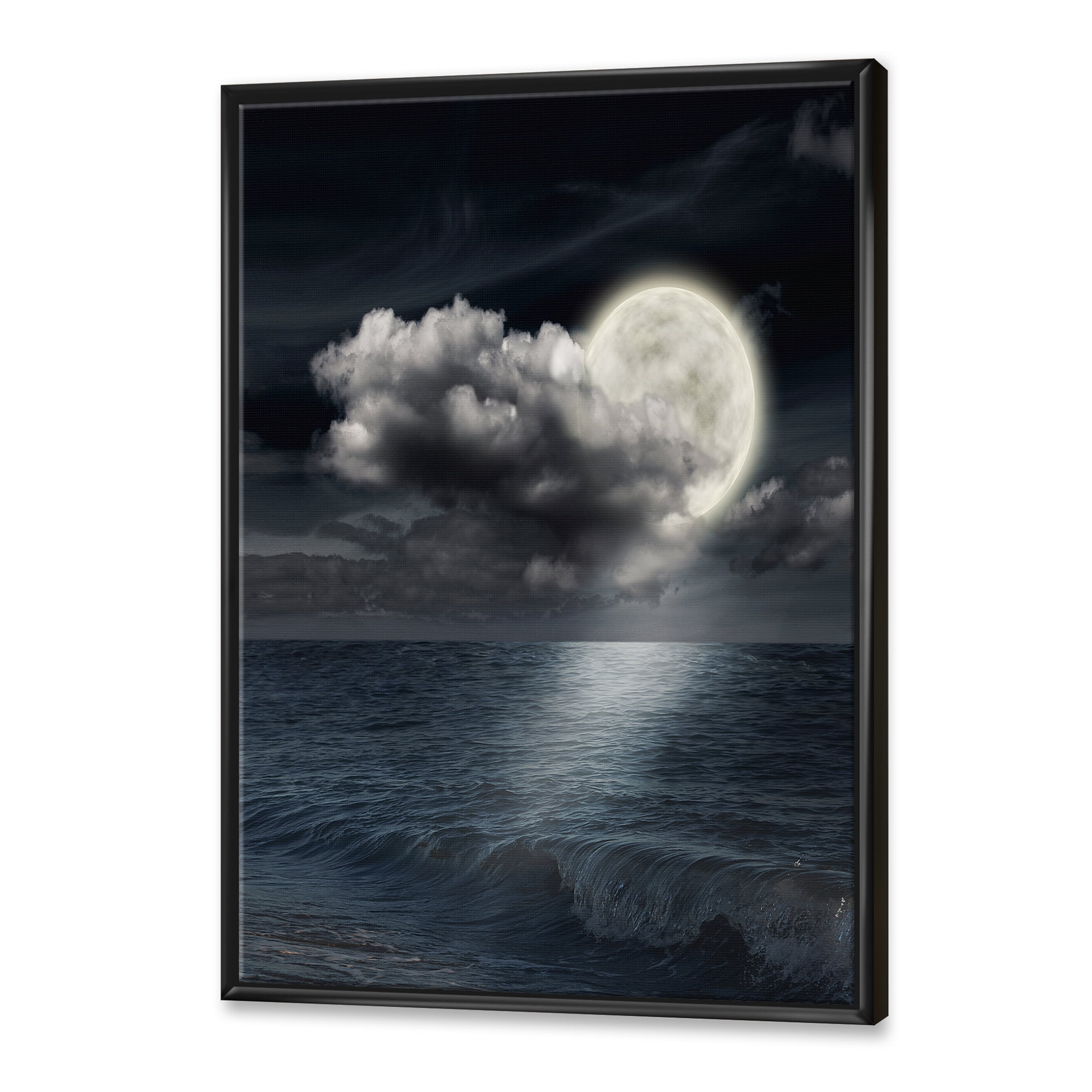 Designart 'Full Moon Night in Cloudy Sky VI' Nautical & Coastal Framed Canvas Wall Art Print