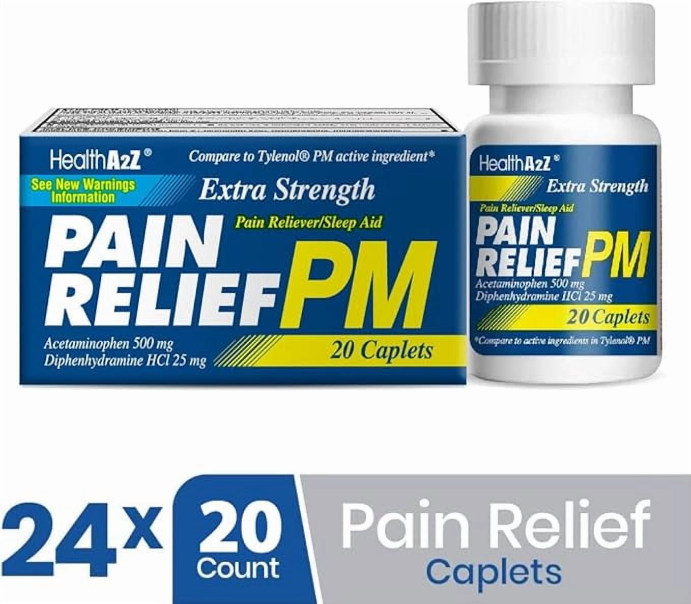 HealthA2Z | Extra Strength Pain Relief PM | 24 Packs of 20 Caplets (480 Caplets Total) | Value Package | Acetaminophen & Diphnenhydramine