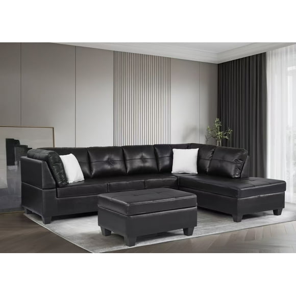 University Sectional with Storage Ottoman (RHF) Black PU Leather
