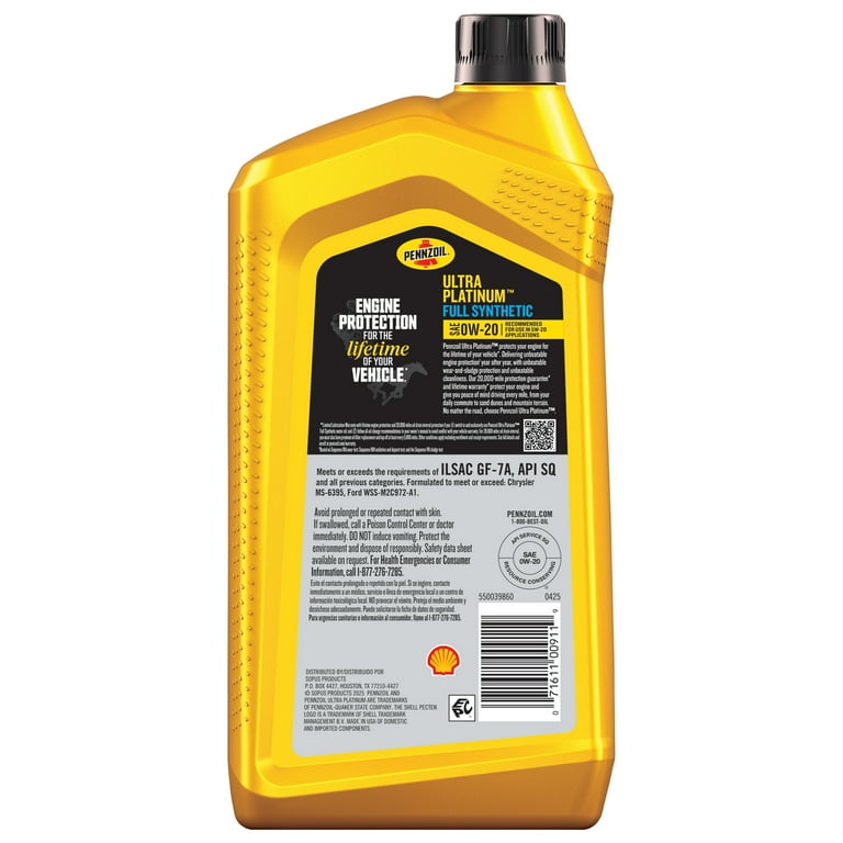 Pennzoil Ultra Platinum Full Synthetic 0W-20 Motor Oil, 1 Quart
