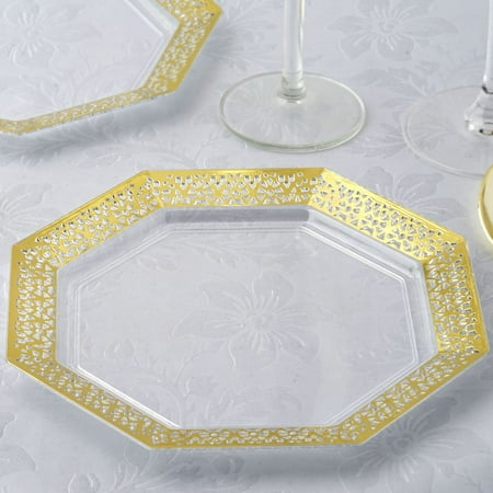 Rim Pasta Plate - BalsaCircle 12 pcs 8-Inch Clear with Gold Lace Rim Plastic Octagonal Plates - Disposable Wedding Party Catering Tableware