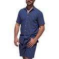 thumbnail image 2 of Ceisia Men's Linen Blend Striped 2 Piece Outfit Short Sleeve Button Down Shirt And Casual Shorts Set Navy XXL Gift, 2 of 9