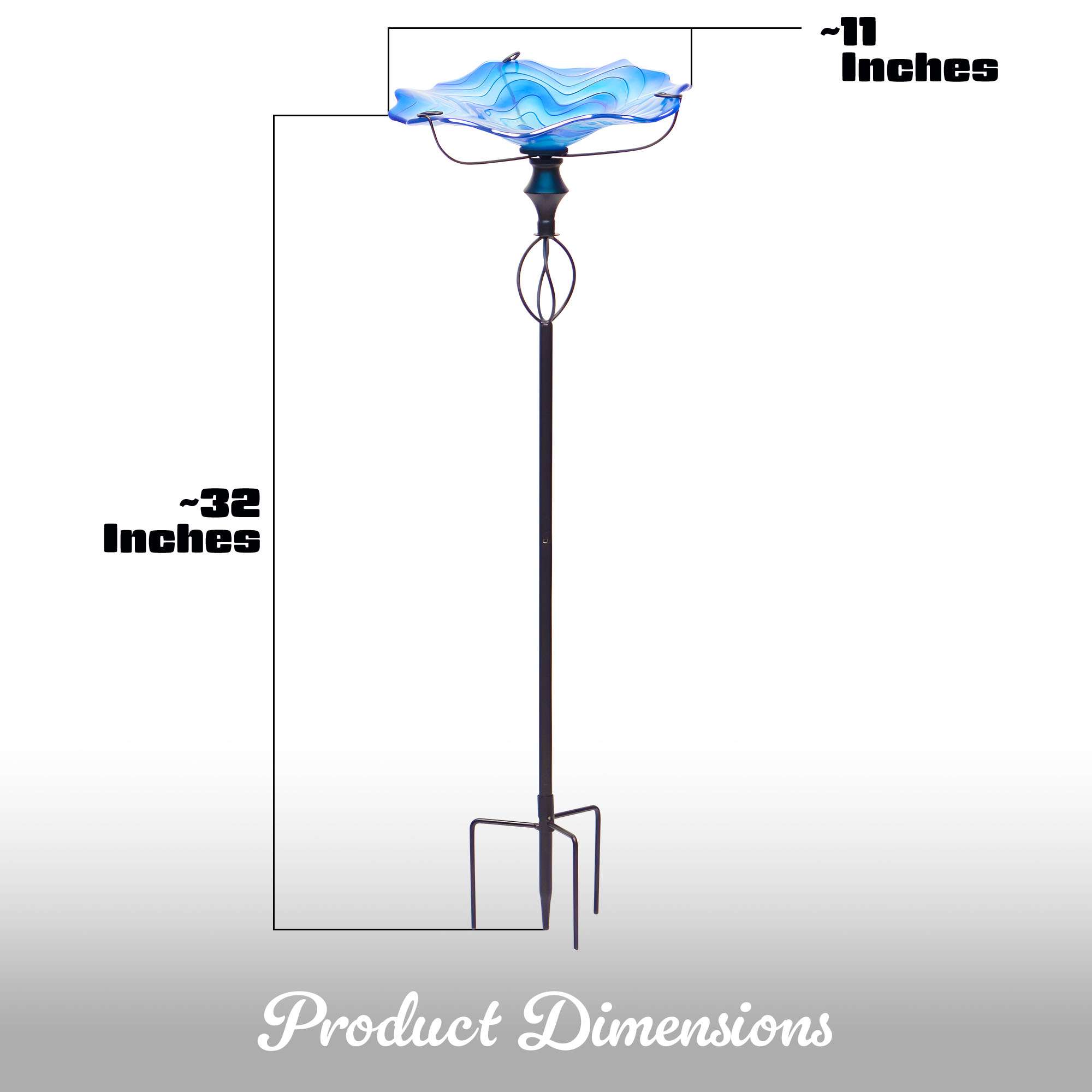G128 32 Inch Height Glass Bird Baths with Metal Stake | Decorative Blue Outdoor Garden Bird Feeder