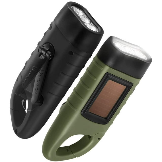 2-Pack Hand Crank Solar Powered Flashlight, Emergency Rechargeable LED Flashlight, Survival Flashlight, Quick Snap Carabiner Dynamo Flashlight Torch for Outdoor Sports, Green+Black