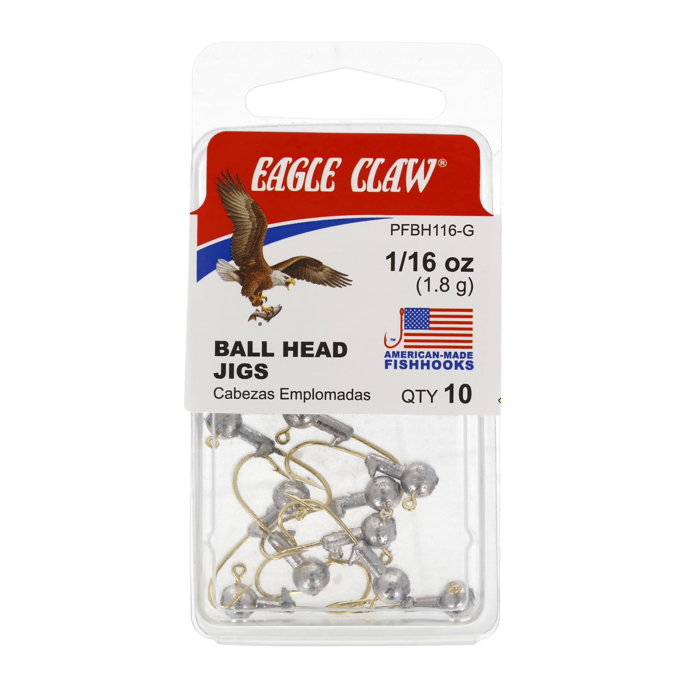 Eagle Claw Ball Head Fishing Jig, Unpainted with Gold Hook, 1/16 oz., 10 Count