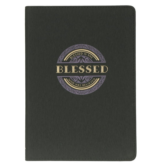 Christian Art Gifts Scripture Journal Blessed Luke 1:45 Bible Verse Inspirational Black Faux Leather Notebook, 336 Ruled Pages, Ribbon