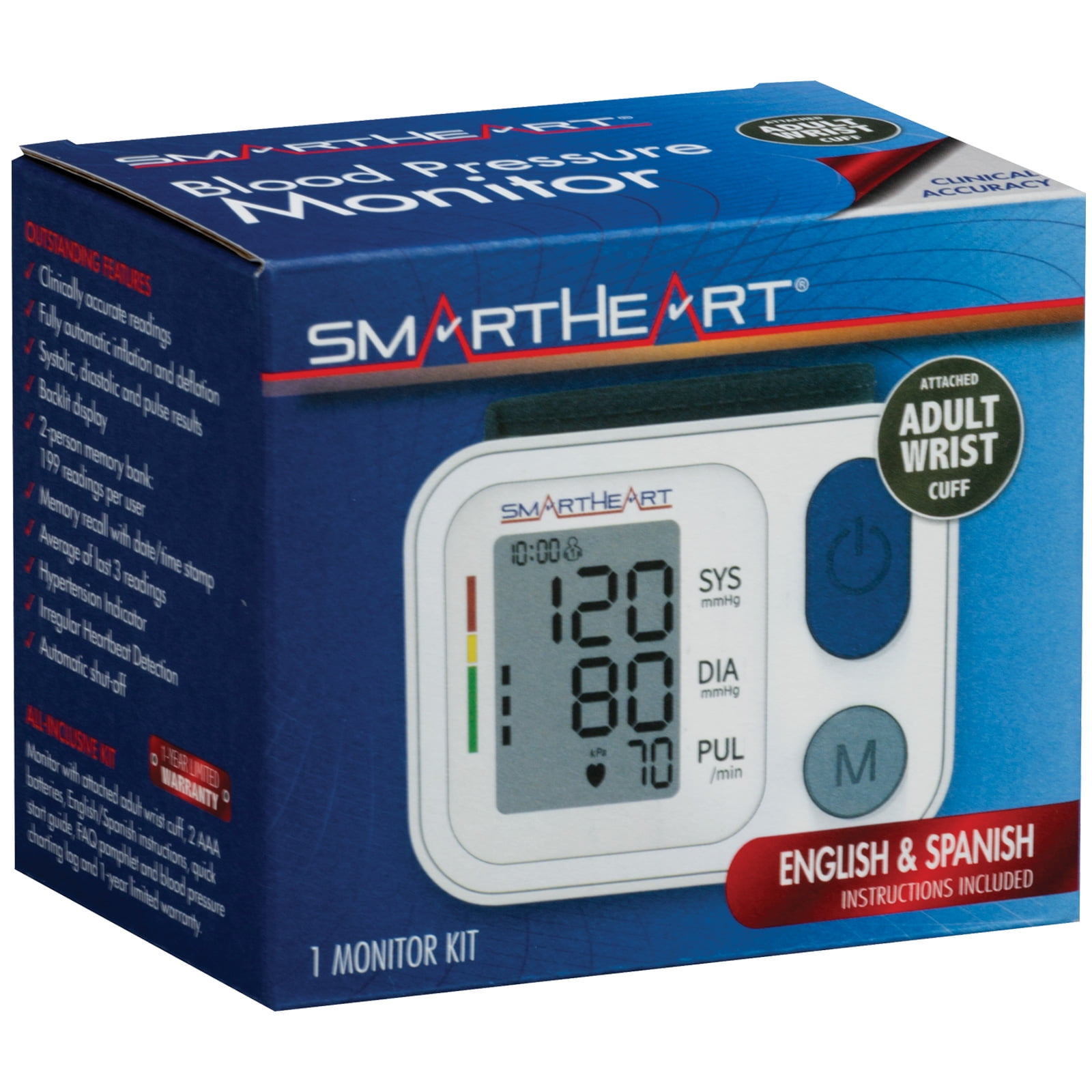 SmartHeart Wrist Blood Pressure Monitor, 2-Person Memory, 398 Readings Auto Inflation & Deflation