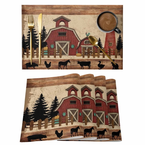 Brown Farmhouse Placemats Set of 12 Vintage Country Animals Wooden Grain Place Mats Indoor Wipeable Table Mats Washable Cloth Dining Table Placemats for Kitchen Holiday Party Home Decor 13x19 Inch