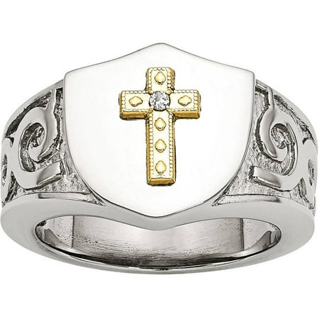 Primal Steel Stainless Steel with 10kt Gold Cross and .02 Carat T.W. Diamond Polished Ring, Available in Multiple Sizes