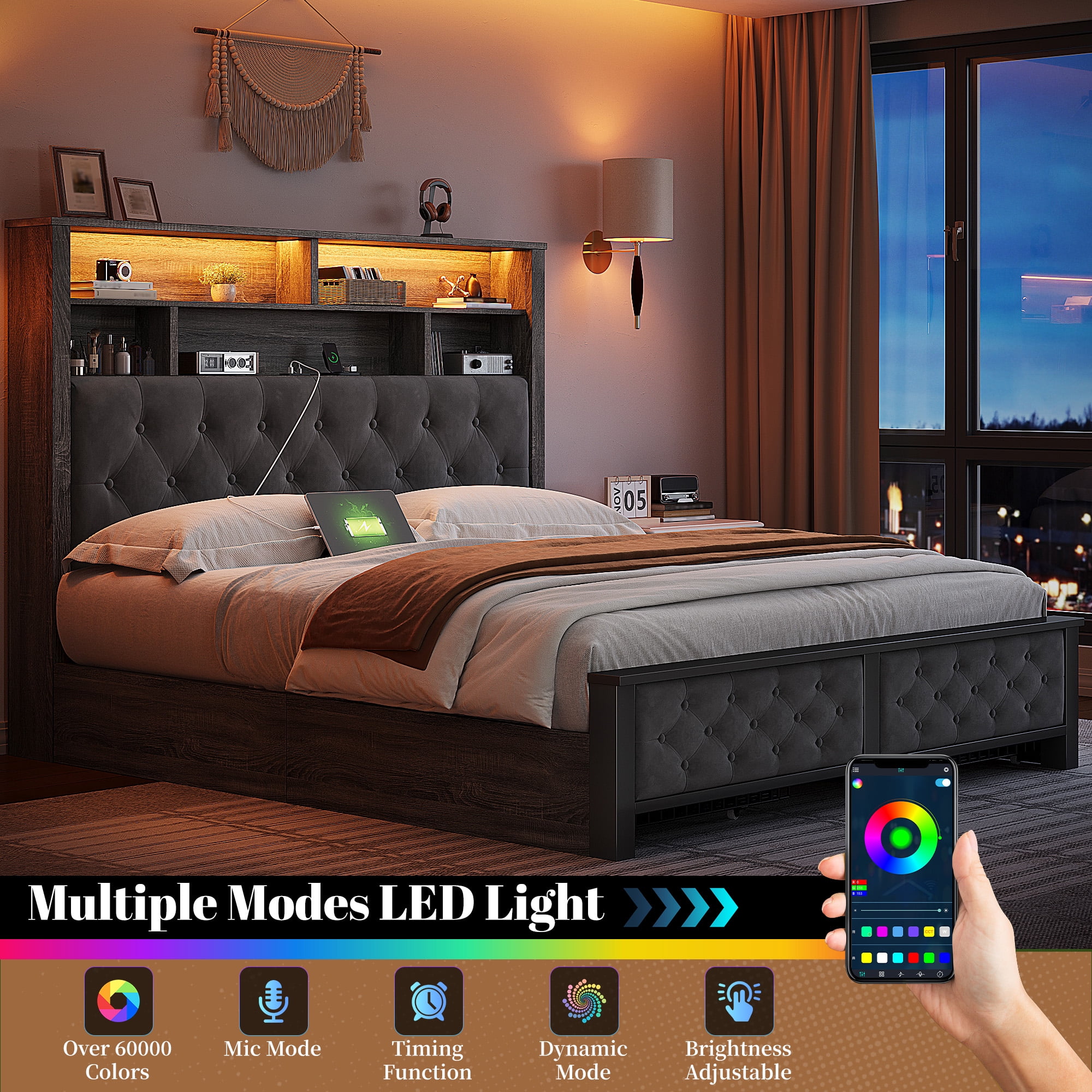 EnHomee Full Size Bed Frame with Headboard and Storage Drawers Bed Frame Full NO Box Spring Needed Full Bed Frame with 2-Tier Storage Shelf & LED Lights & Charging Station