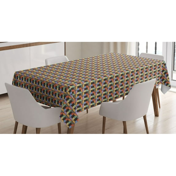 Geometric Tablecloth, Colorful Modern Repetition of Squares and Trapezoids with Retro Influences, Rectangle Satin Table Cover Accent for Dining Room and Kitchen, 60" X 84", Multicolor, by Ambesonne