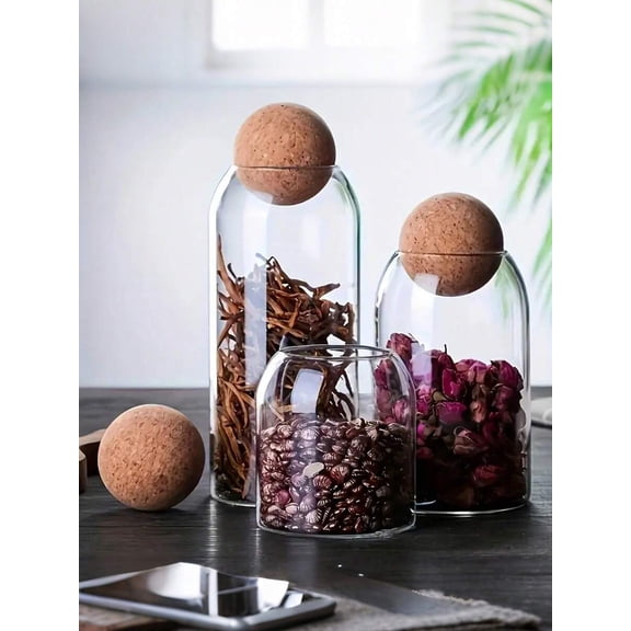 Glass Storage Jars with Spherical Cork Stopper Set of 3, Airtight Kitchen Canisters for Coffee, Tea, and Dry Food, Decorative 41oz, 27oz, 17oz Clear Borosilicate Glass Containers