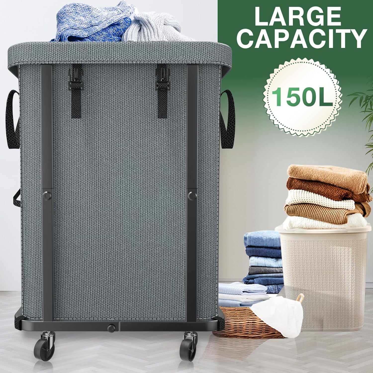 40 Gal(150L) High Grade Large Laundry Basket with Wheels, Rolling Laundry Hamper, Laundry Cart with Metal Frame and Removable Bag Design, Suitable for Laundry Room, Bedroom (White, 150L)