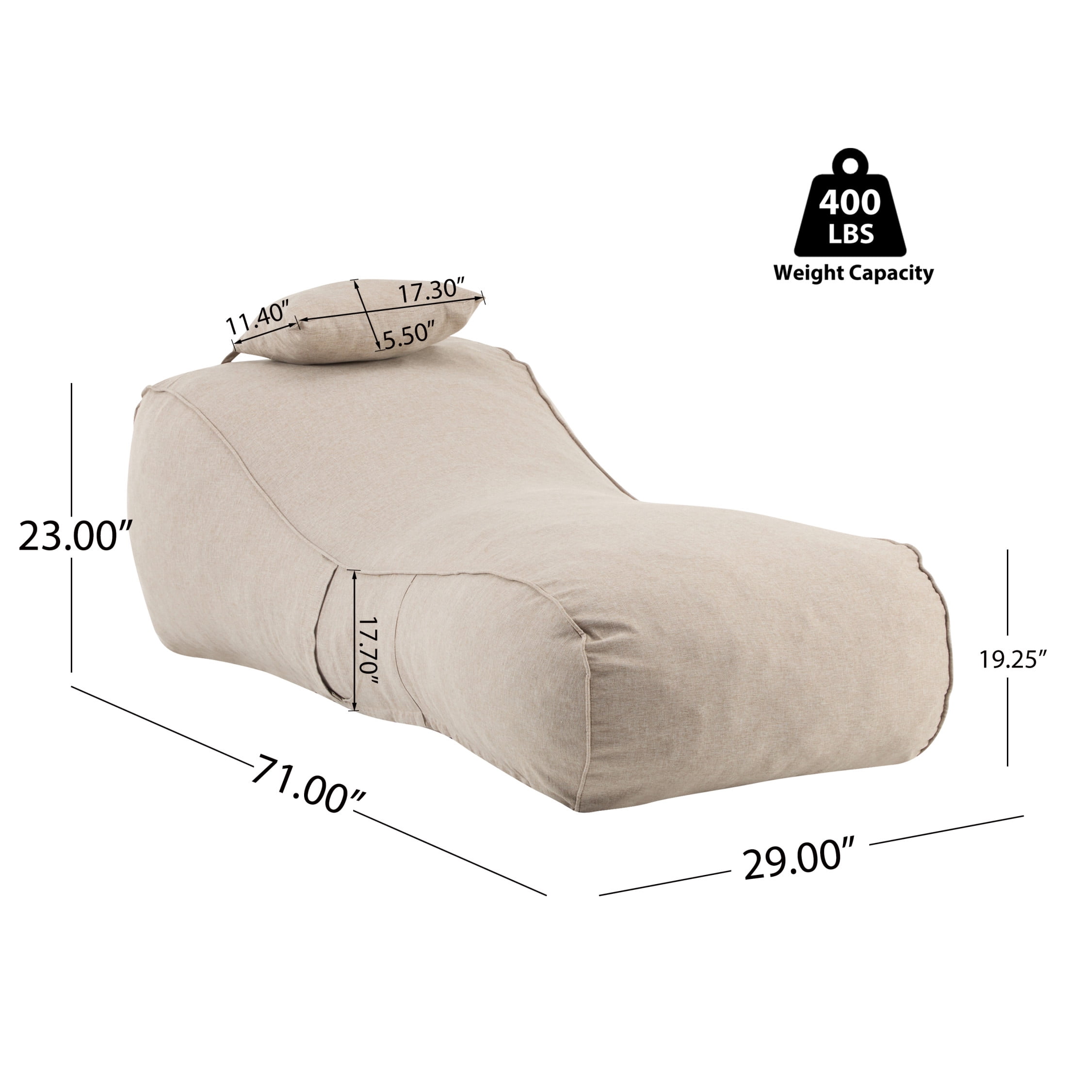 Christopher Knight Home 71" Outdoor Bean Bag Lounge Chair with Pillow, Weather-Resistant Fabric, Dark Beige, Set of 2