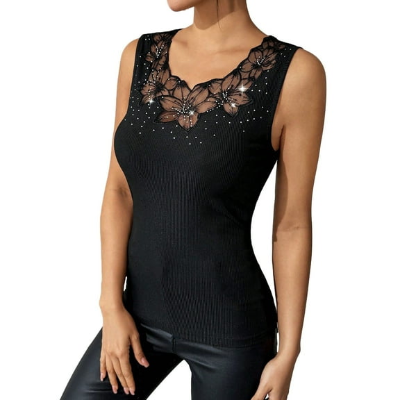 Women's Rhinestone Sparkly Tank Top Sleeveless Round Neck Floral Lace Trim Sexy Slim Fit Casual Going Out Top Solid Color Comfy Vest Blouse