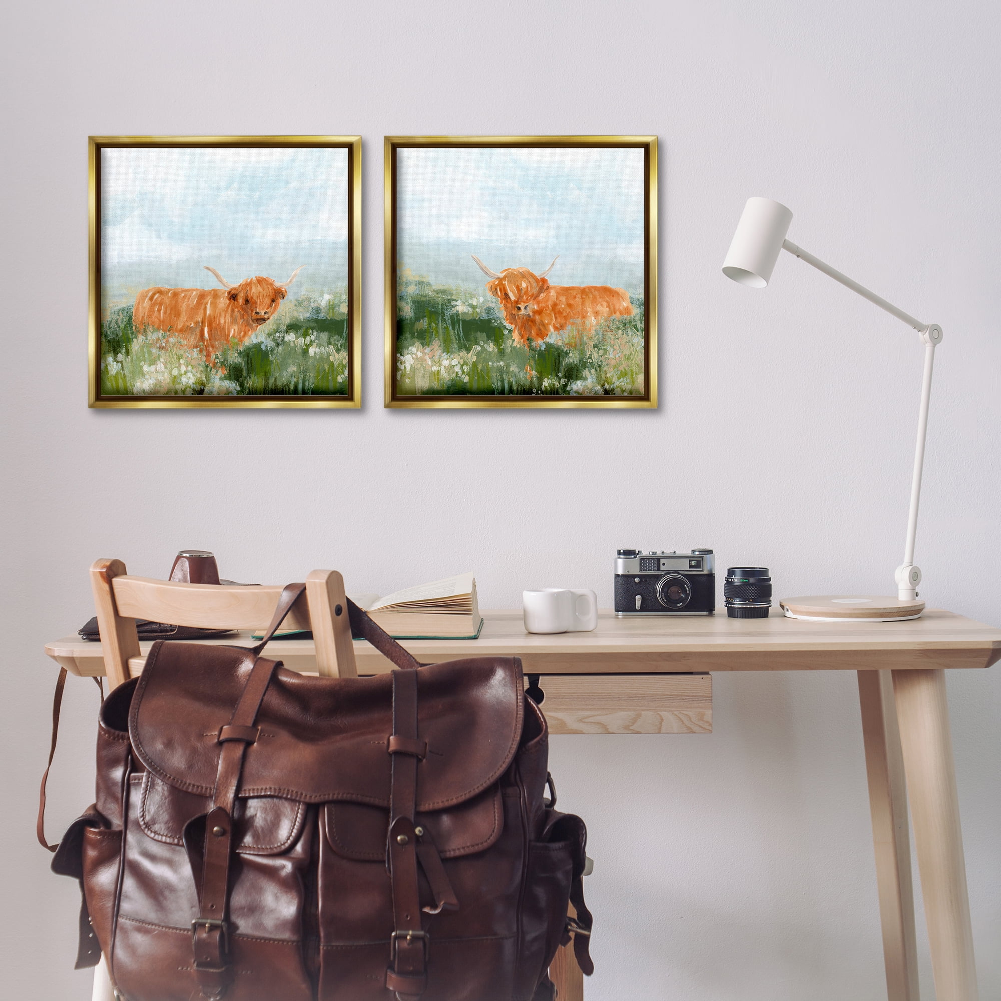 Stupell Industries Shaggy Highland Cow in Field Animals Painting Gold Floater Framed Canvas Art Print Wall Art, 18 x 18, Set of 2