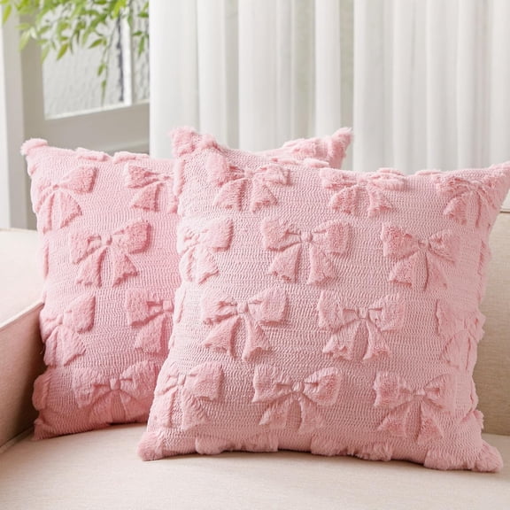 SANMADROLA Bow Pillow Covers Coquette Room Decor Set of 2 Decorative Cute Girl Vlentine Pillow Covers Spring Soft Pillowcase for Bed Sofa Couch, Fall Christmas Decor, (18x18 Inch, Pink)