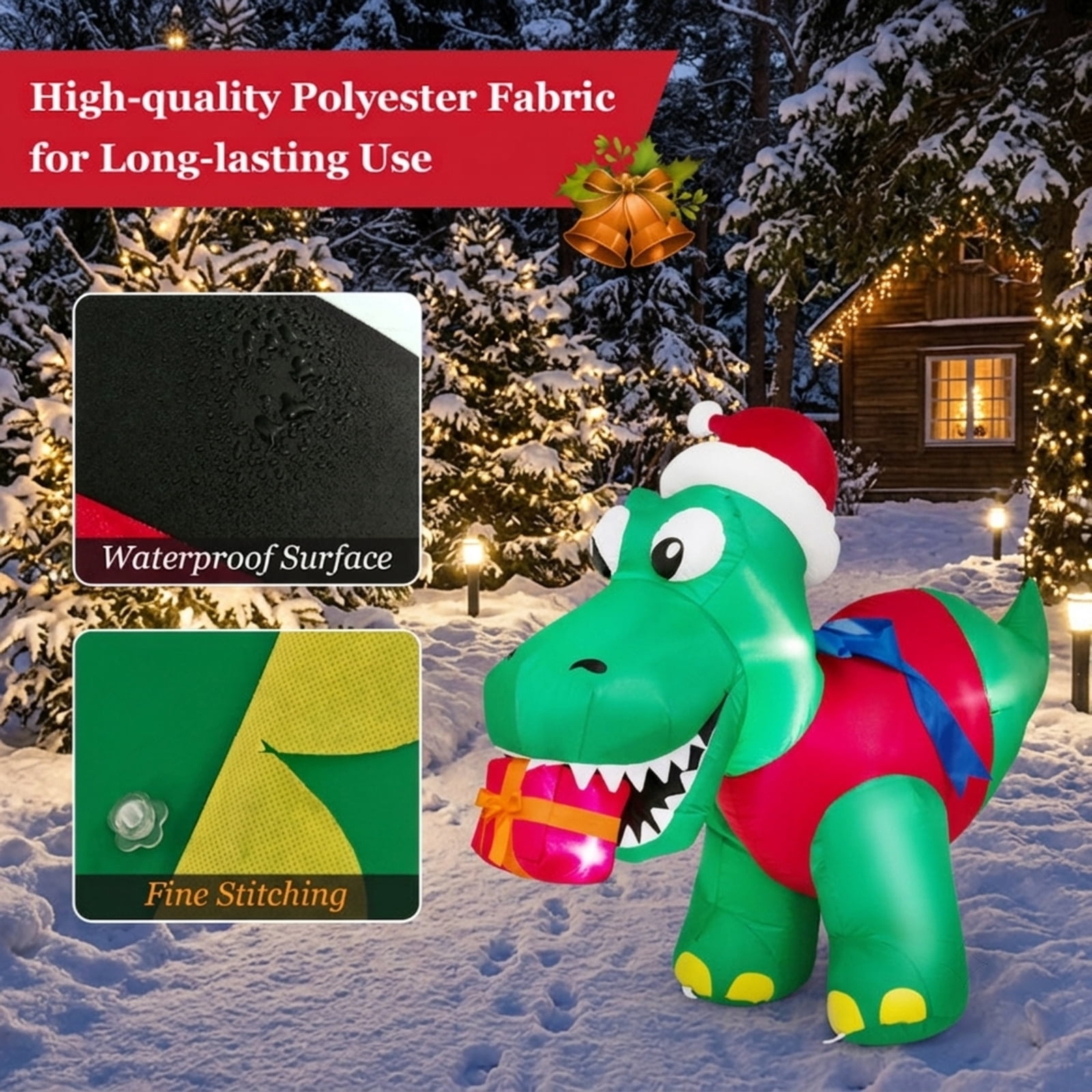 RUIE 6 FT Christmas Inflatable Dinosaur, Blow Up Dino with Santa Hat Gift Box and LED Lights, Lighted Outdoor Yard Decor for Lawn Party - Green
