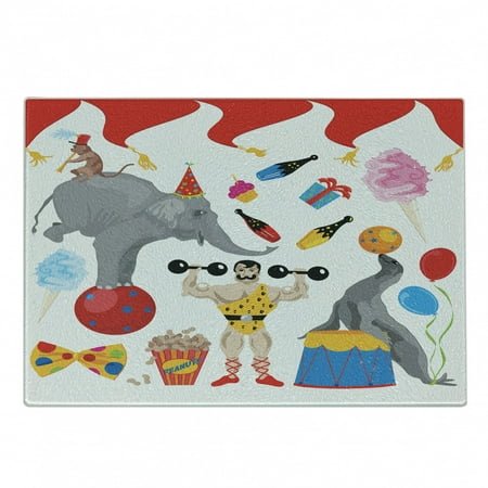 

Circus Cutting Board Fun Demonstration of Elephant Monkey and a Man Performing Around Celebrating Decorative Tempered Glass Cutting and Serving Board in 3 Sizes by Ambesonne