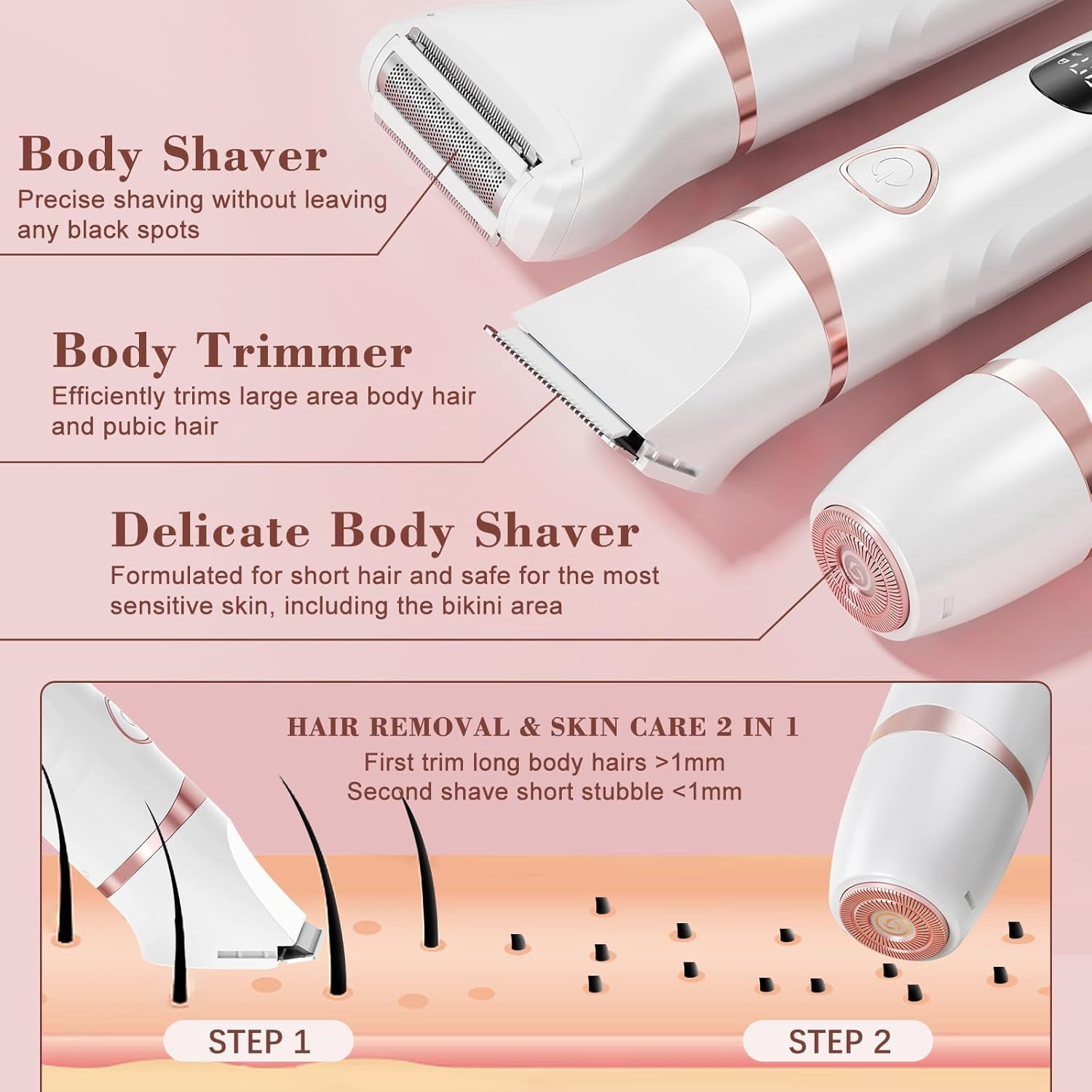 Bikini Trimmer for Women, 3 in 1 Electric Razors with LED Display, Waterproof Wet & Dry Use Hair Trimmer Kit for Ladies Pubic Legs Face Underarms, Type-C Rechargeable Portable Womens Body Shavers Set