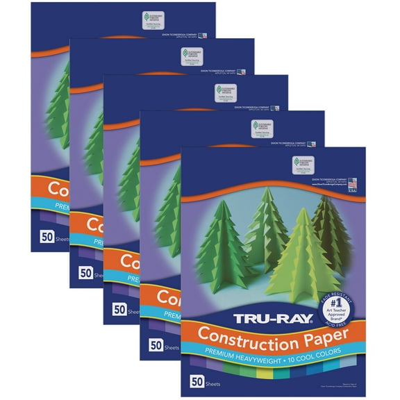 Tru-Ray Construction Paper, Heavyweight, Cool Assorted, 12" x 18", 50 Sheets Per Pack, 5 Packs