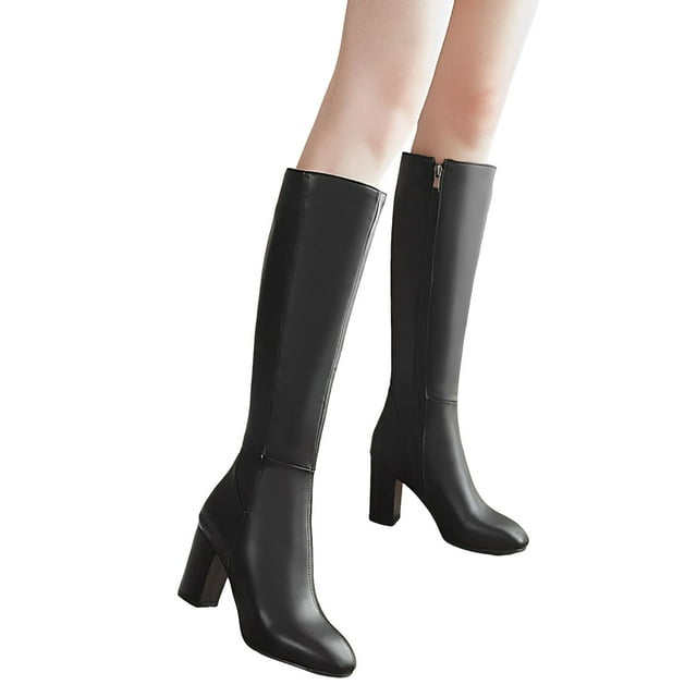 Fall Boots for Women Knee High Leather Pointed Toe Chunky Block High Heel Knee Length Tall Dress Boots Ladies