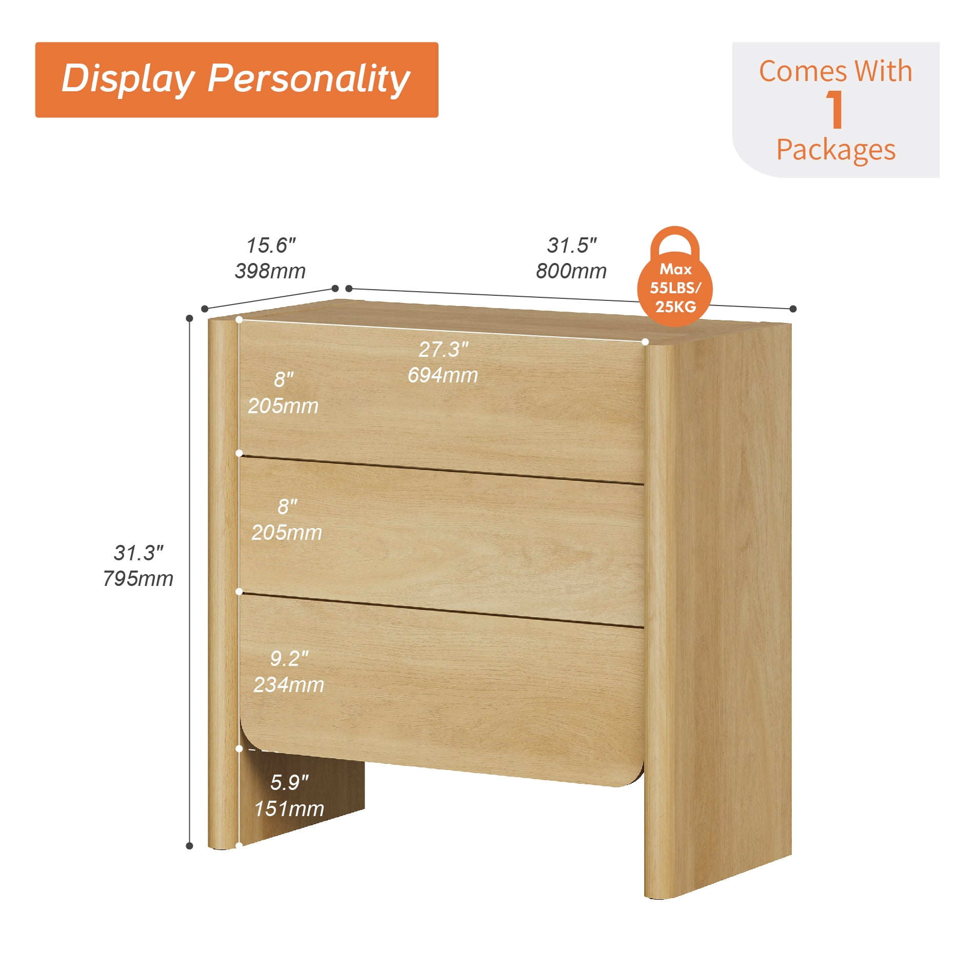 Modern French TV Stand, 31.5-Inch Media Console with 3 Push-to-Open Drawers, Supports TVs up to 36 Inches, Oak