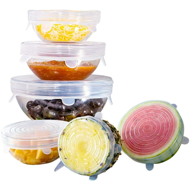Tapas elásticas de silicona, paquete de 6 tapas de silicona reutilizables de varios tamaños para diferentes formas de recipientes, ecológicas, aptas para lavavajillas, sin BPA y a prueba de