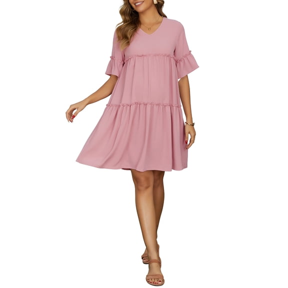 INSPIRE CHIC Women's Maternity Dress Bohemian Tiered Ruffled Bell Sleeve Casual V Neck Boho Pregnancy Dresses M Pink