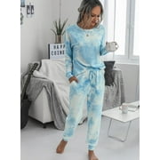 Women Tie-dye Pajamas Two Piece Sets Casual Round Neck Long-sleeved Top