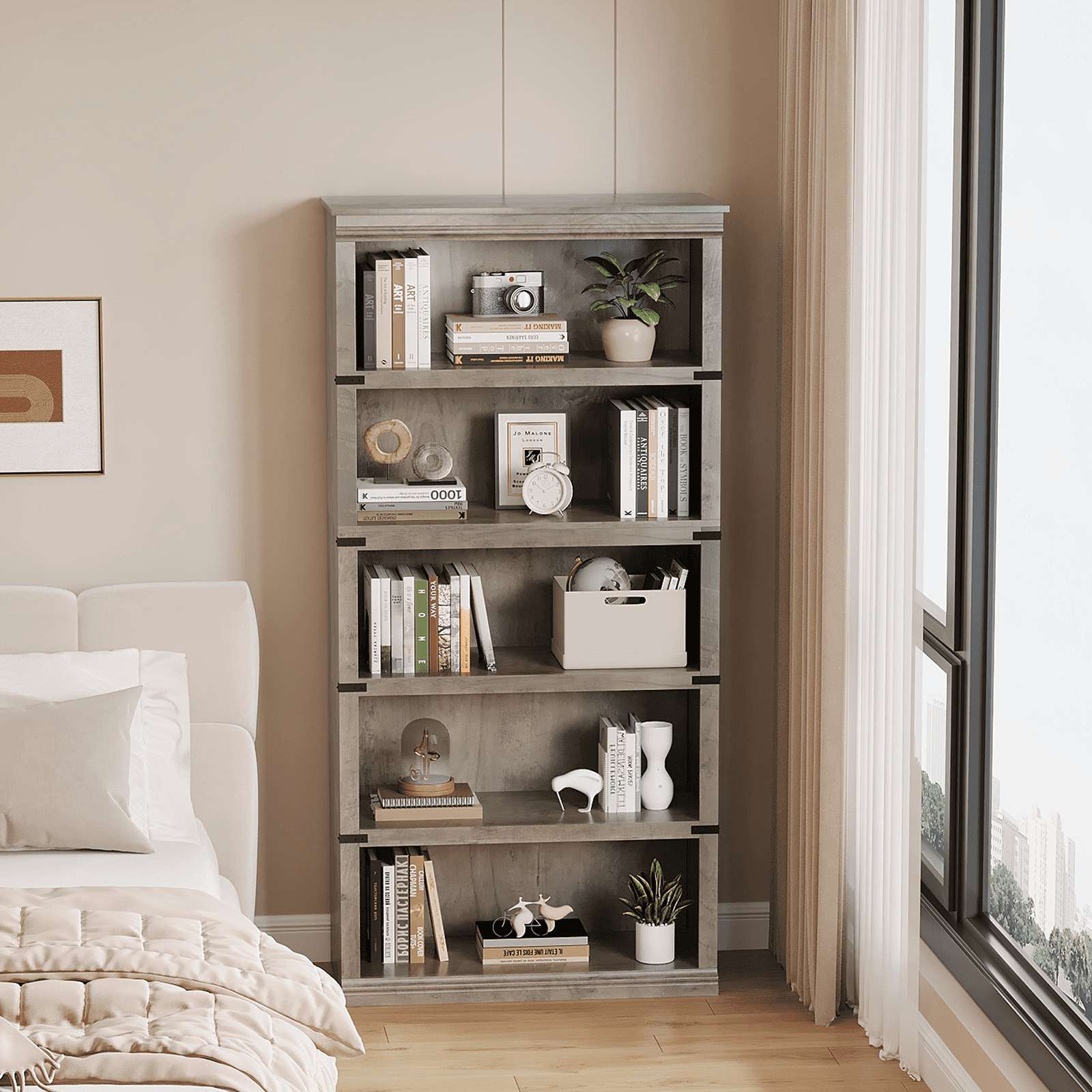 Goldensoil 67" Tall 5 Shelf Wood Bookcase, Farmhouse Floor Standing Display Storage Shelves,Grey