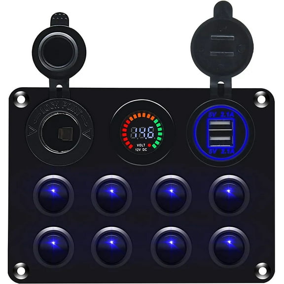 Geloo 8 Gang Marine Switch Panel Boat Rocker Switches with Dual USB Port Digital Voltmeter Cigarette Lighter Socket for Universal Car Truck RV
