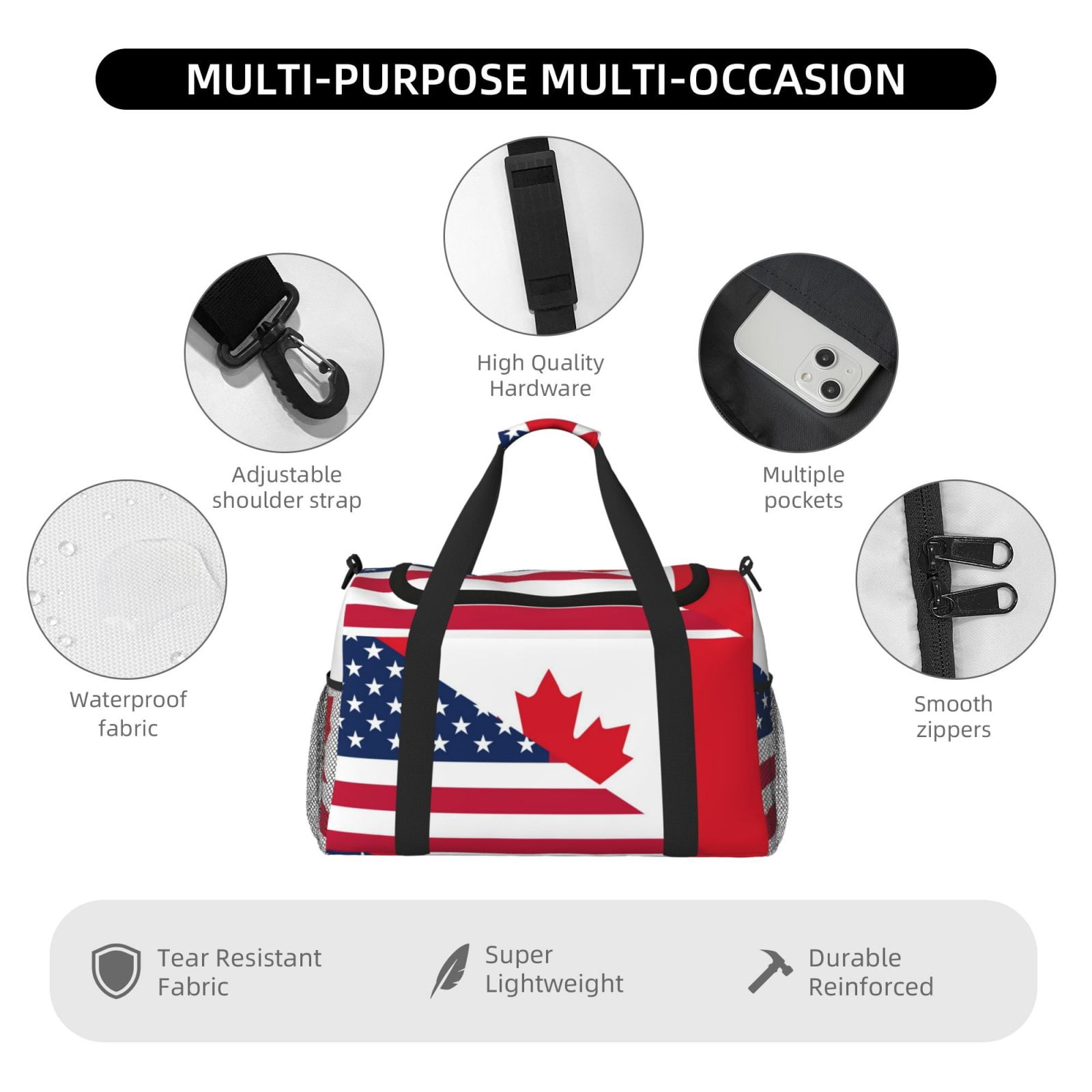 Fuzoiu USA Canada Flag Print Travel Duffle Bag,Carry On Tote Bags,Duffel Bag,Sport Gym Bag, Hospital Bag for Labor and Delivery, Overnight Bag,Luggage Bag