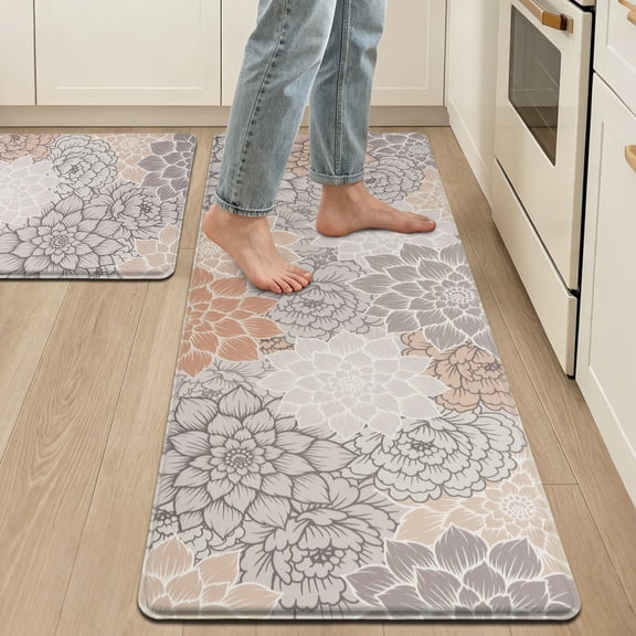 Aonewoe Kitchen Mats for Floor 2 Piece Floral Anti Fatigue Kitchen Non Slip Waterproof Mat Comfort Heavy Duty Standing Mat for Kitchen, Laundry, Office, Desk (17"x28" 17"x47")