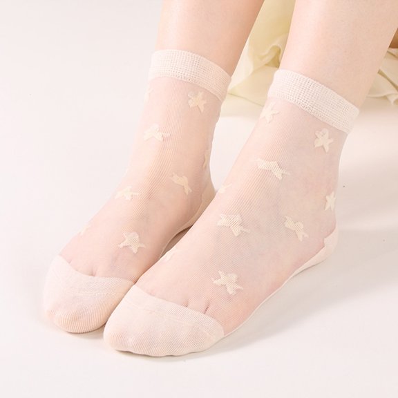 6 Pairs Women's Spring Summer Casual Transparent Solid Color Star Print Silk Socks Soft Short Socks