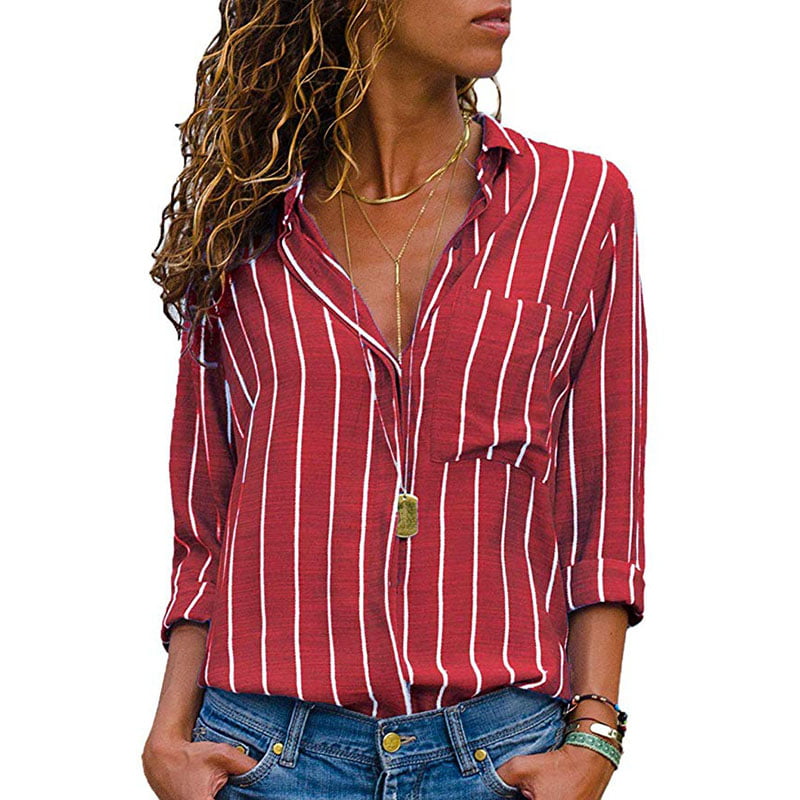 Astylish Womens V Neck Stripes Roll up Sleeve Button Down Blouses Tops 