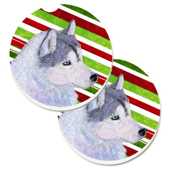 Siberian Husky Candy Cane Holiday Christmas Set of 2 Cup Holder Car Coasters